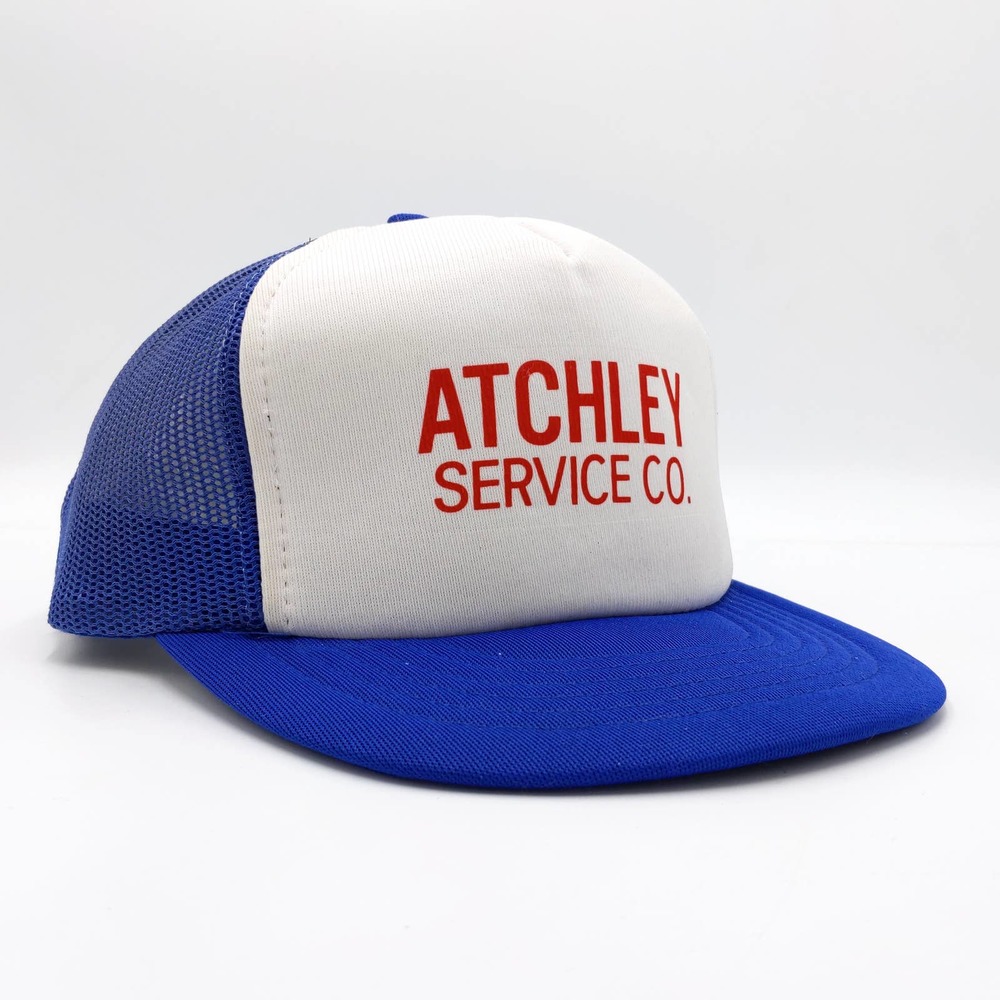 Vintage Atchley Service Co Trucker Hat Snapback Mesh Cap Script 90s Blue White